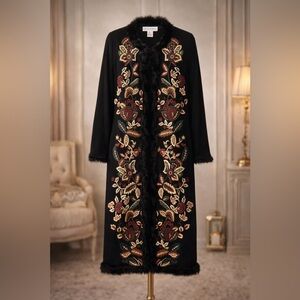 RARE Vtg Oscar De La Renta Floral‎ Embroidered Wool Fur Long Cardigan Sweater SM